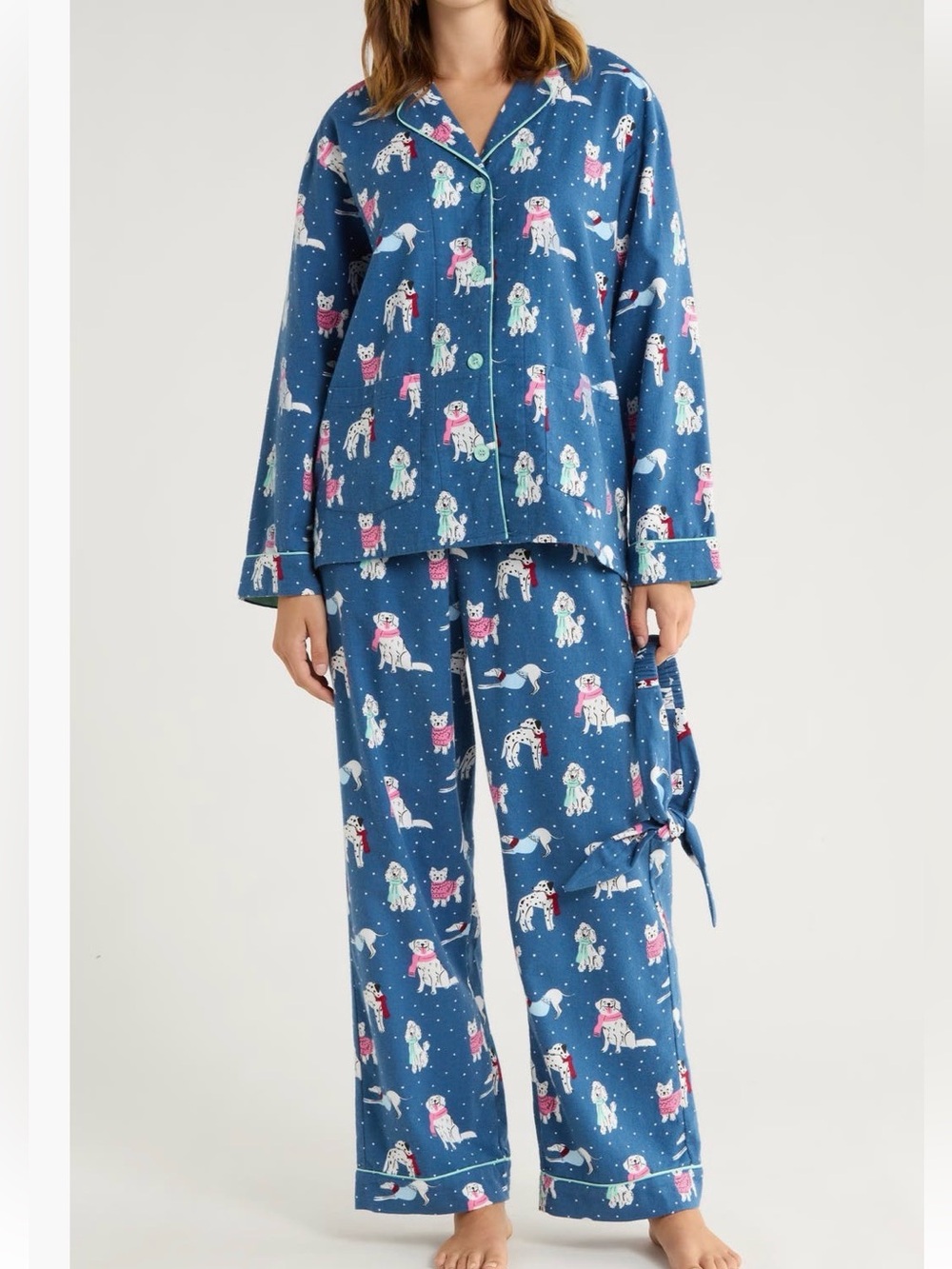 PJ Salvage Flannel Dogs in Winter 3-Piece Cotton Pajama Set in Denim Medium NWT